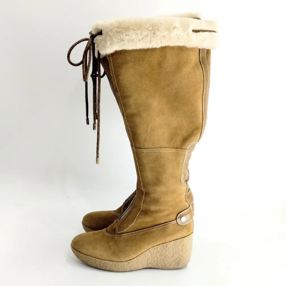 Cole‎ Haan Tall Boots Suede Sheep Shearling Zip Front - Picture 4 of 16